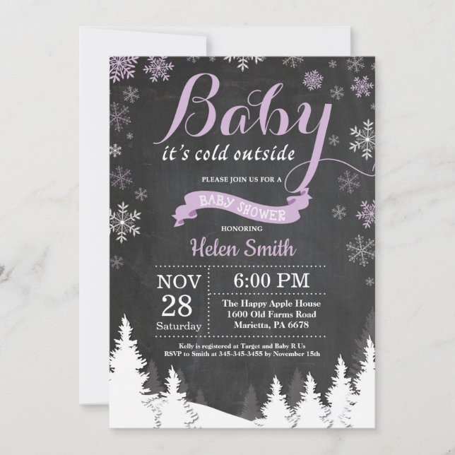 Invitación Beber su frío fuera del invierno Baby Shower morad (Anverso)