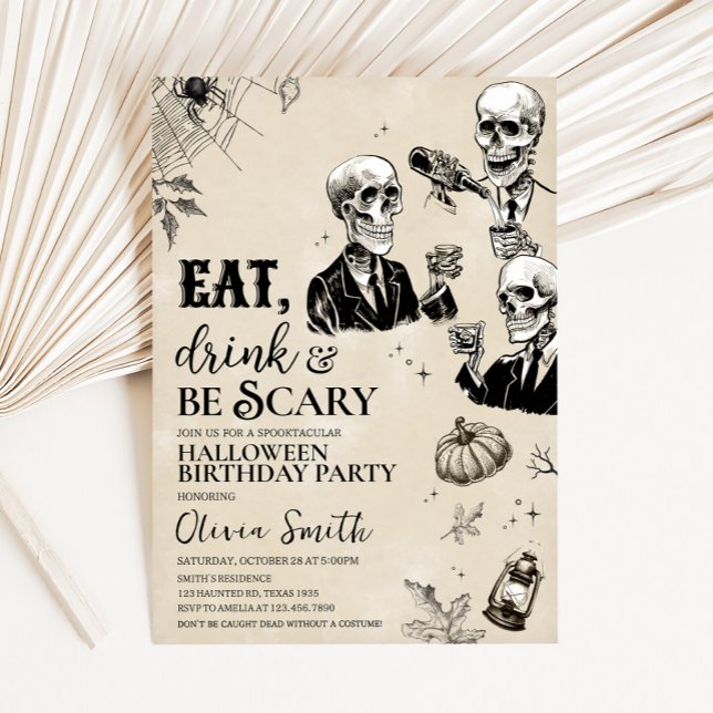 Invitación Beber y asustar fiesta de cumpleaños de Halloween (Eat Drink and Scary Gothic Skull Halloween Party Invitation)