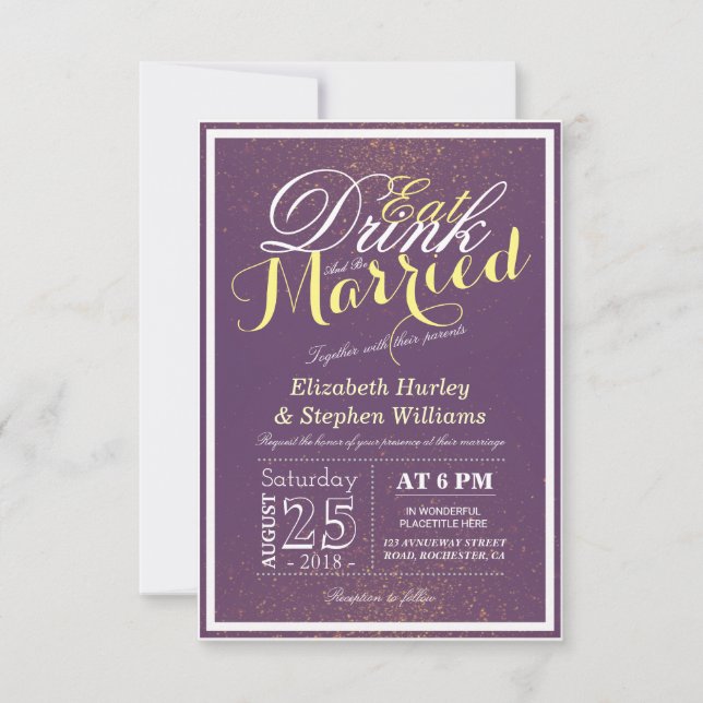 Invitación Beber y casarse Moda Purpurina de oro morado (Anverso)