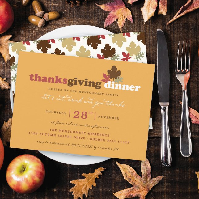 Invitación Beber y dar gracias a las hojas de Acción de Graci (Let's Eat, Drink & Give Thanks Leaves Thanksgiving Dinner Party Invitation @ fat_fa_tin)