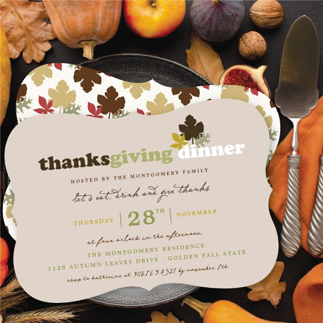Invitación Beber y dar gracias a las hojas de Acción de Graci (Eat, Drink & Give Thanks Autumn/Fall Leaves Thanksgiving Dinner Invitation @ fat_fa_tin)