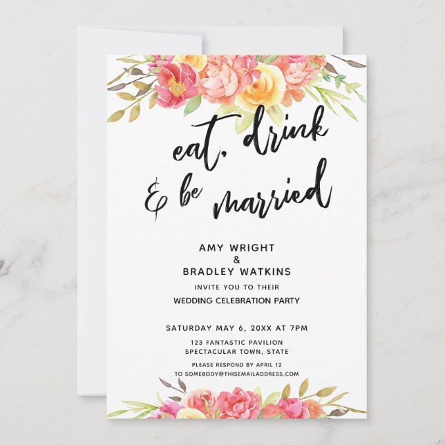 Invitación Beber y estar casada con una boda floral (Anverso)