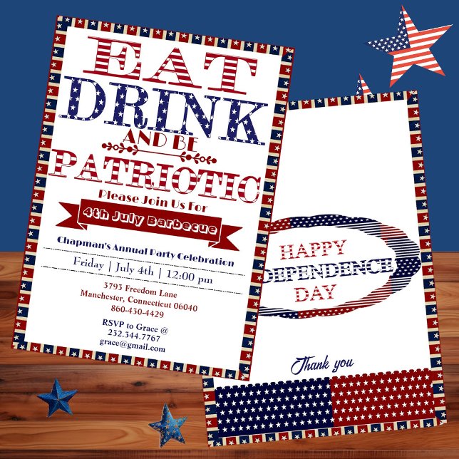 Invitación Beber y ser patriótico 4 de julio Fiesta de barbac (Eat Drink & Be Patriotic 4th July Barbecue Party Invitation)