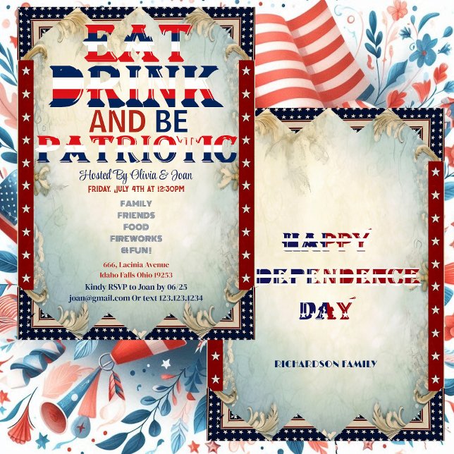 Invitación Beber y ser patriótico 4 de julio Fiesta Shabby Ch (Eat Drink & Be Patriotic 4 July Party Shabby Chic Invitation)