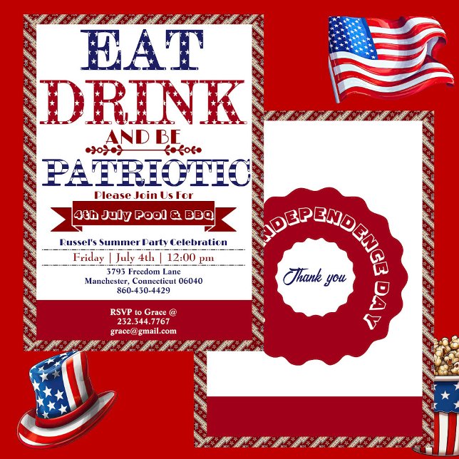 Invitación Beber y ser patriótico 4 de julio Piscina y Fiesta (Eat Drink & Be Patriotic 4th July Pool & BBQ Party Invitation)