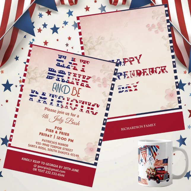 Invitación Beber y ser patriótico el 4 de julio Bash Shabby C (Eat Drink & Be Patriotic 4th July Bash Shabby Chic Invitation)
