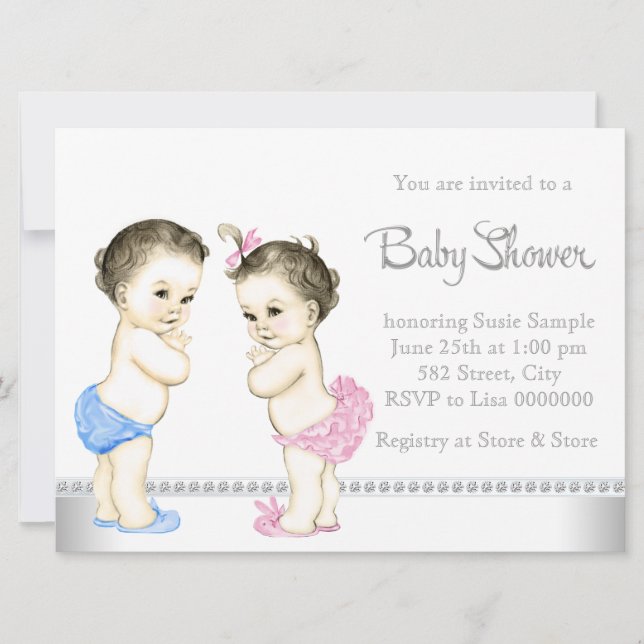 Invitación Bebés adorables Baby Shower gemelo rosa y azul (Anverso)