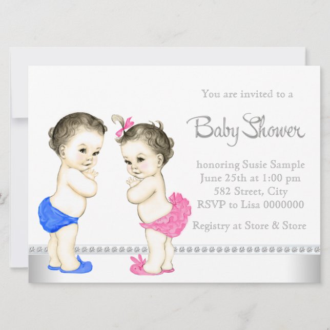 Invitación Bebés adorables Baby Shower gemelo rosa y azul (Anverso)