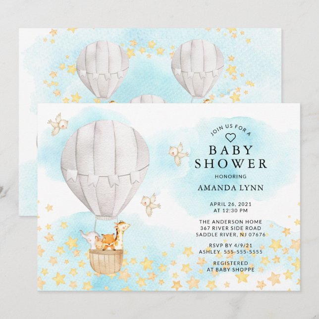 Invitación Bebés Animales Balón de aire caliente Baby Shower  (Anverso / Reverso)