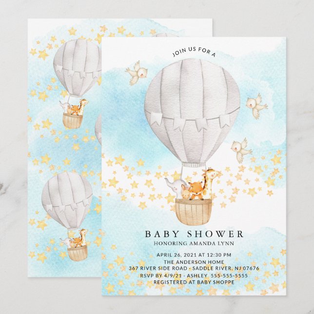 Invitación Bebés Animales Balón de aire caliente Baby Shower  (Anverso / Reverso)