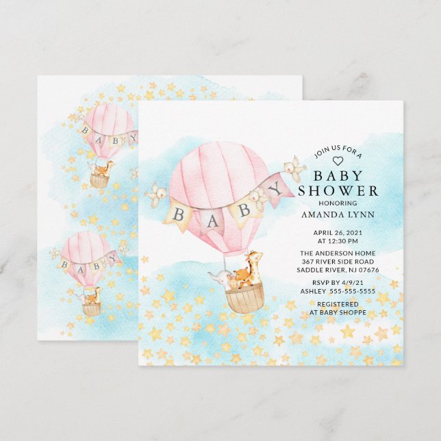 Invitación Bebés Animales Chica de globos aerostáticos Baby S (Anverso / Reverso)