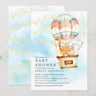Invitación Bebés Animales de aire caliente Viajar en globo Ba