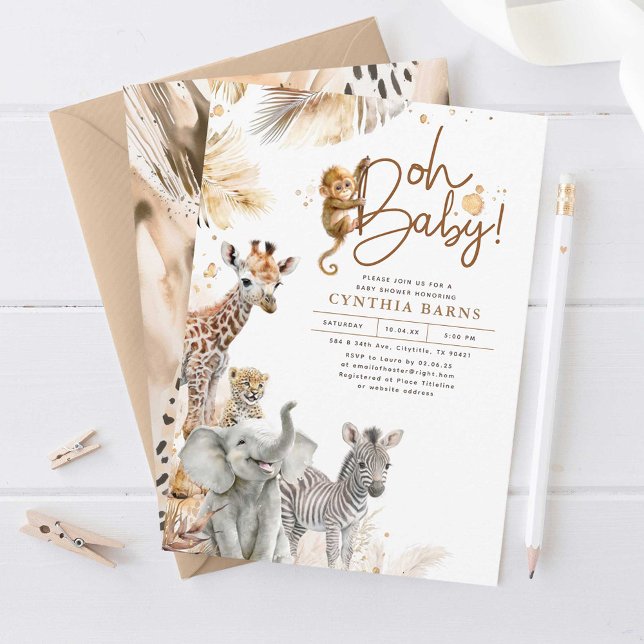 Invitación Bebés animales jungla Safari salvaje lindo Baby Sh (Safari Animals Light Brown Baby Shower Invitations)