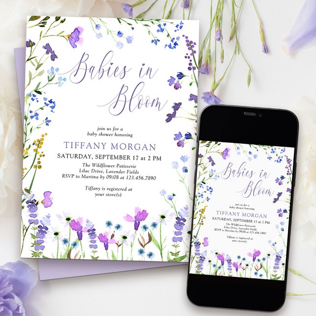 Invitación Bebés en Baby Shower con flores violetas púrpura (Babies in Bloom Twins Baby Shower Invitation from my Purple Wildflower Collection.)