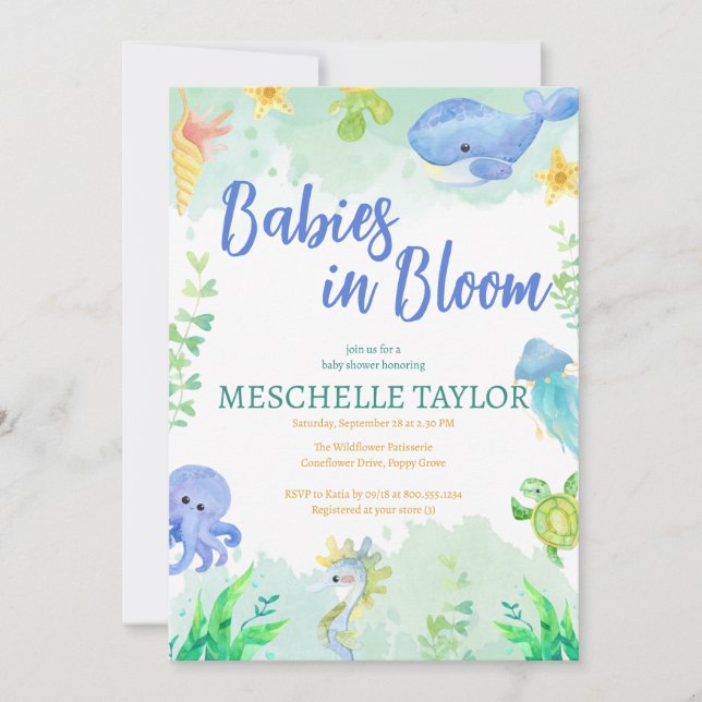 Invitación Bebés en flor bajo el mar Azul Baby Shower (Anverso)