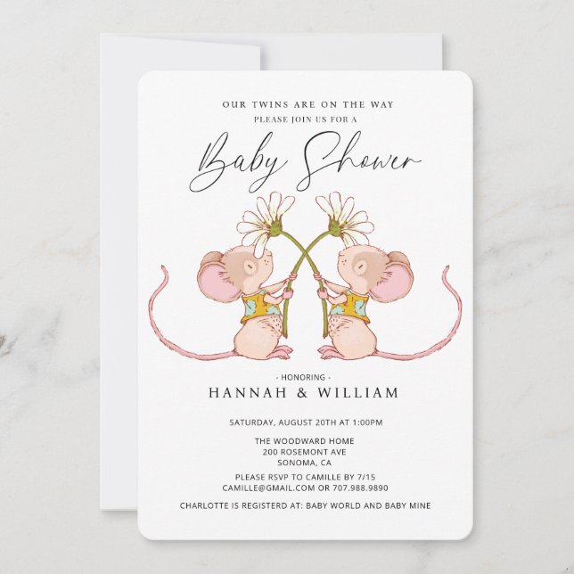 Invitación Bebés gemelos Baby Shower Baby Mice (Anverso)
