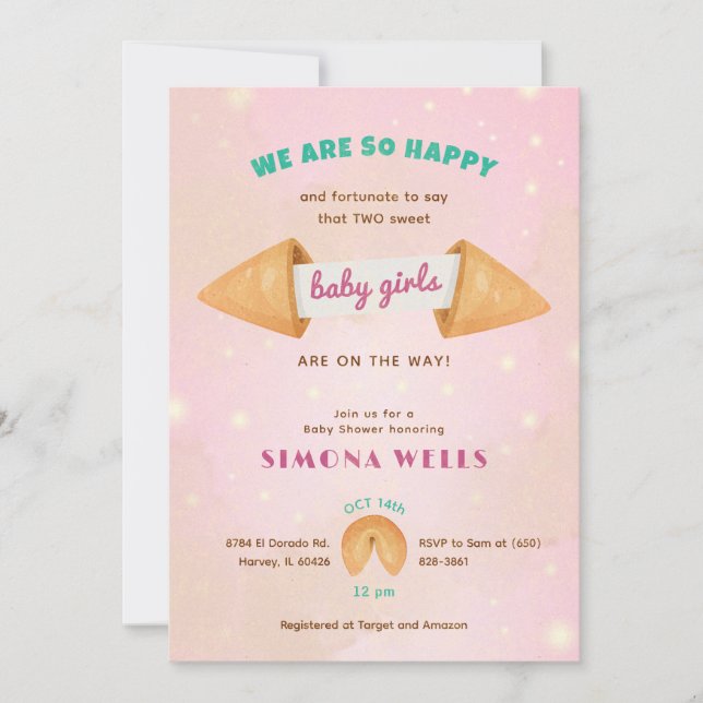 Invitación Bebés gemelos Chicas Cute Ducha Espolvorear Moda c (Anverso)