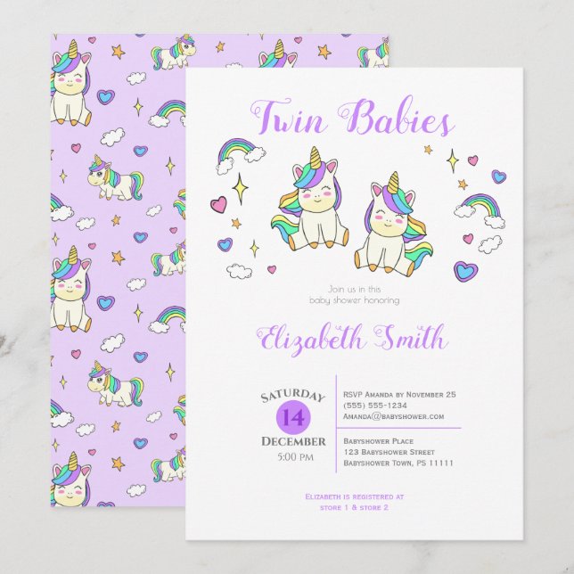 Invitación Bebés gemelos Cute unicorn ducha de bebé Invitació (Anverso / Reverso)
