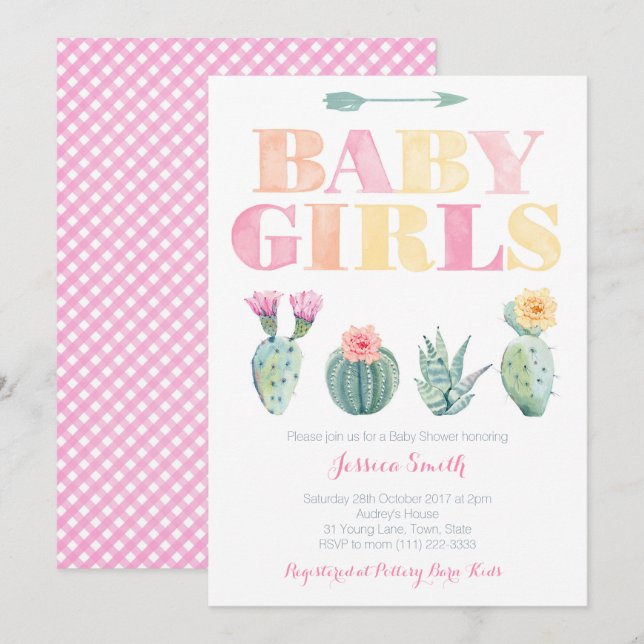 Invitación Bebés gemelos Desert Cactus Baby Shower (Anverso / Reverso)