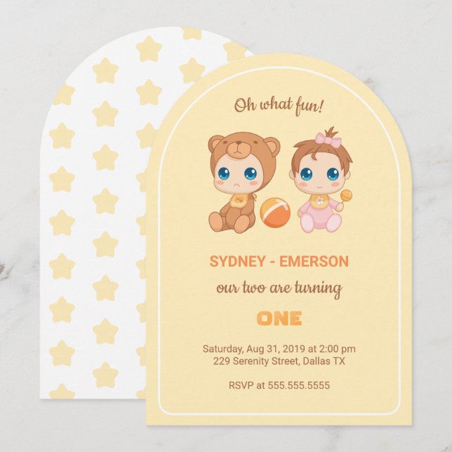 Invitación Bebés gemelos primer Chica de cumpleaños amarillo (Anverso / Reverso)