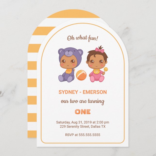 Invitación Bebés gemelos primer Chica de cumpleaños Jumpsuit  (Anverso / Reverso)