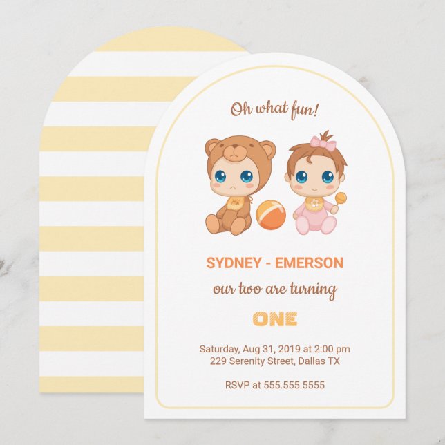 Invitación Bebés gemelos primer Chica de cumpleaños Jumpsuit (Anverso / Reverso)