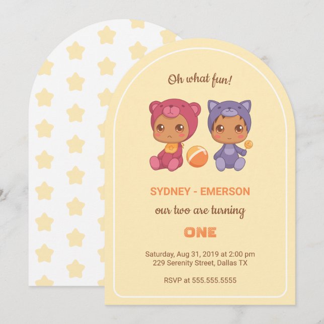 Invitación Bebés gemelos primer cumpleaños gato amarillo (Anverso / Reverso)