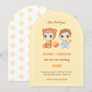 Invitación Bebés gemelos primer niño de cumpleaños amarillo
