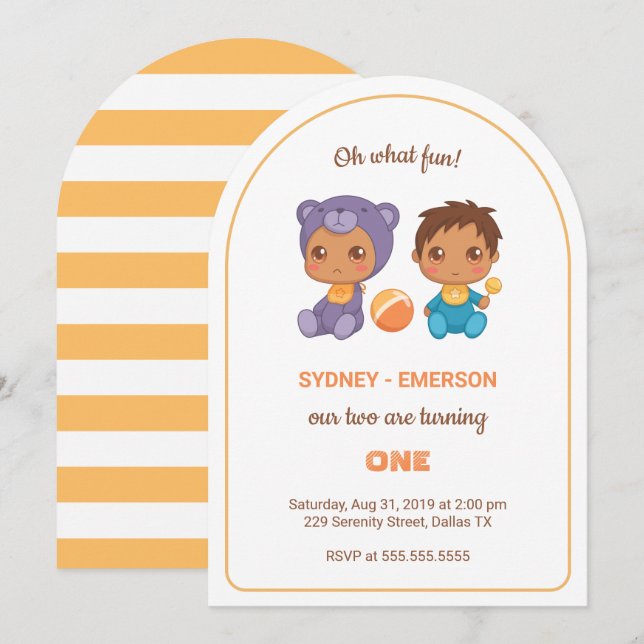 Invitación Bebés gemelos primer niño de cumpleaños oso púrpur (Anverso / Reverso)