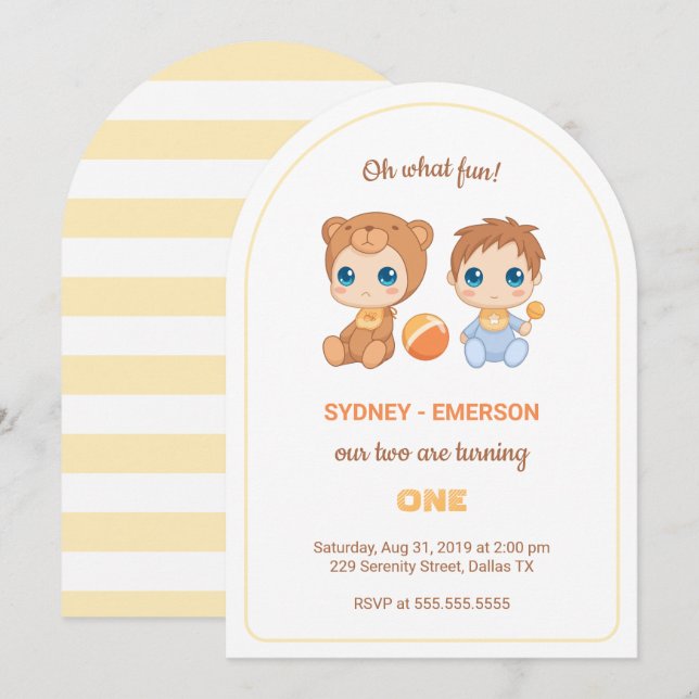 Invitación Bebés gemelos primer niño de cumpleaños traje de s (Anverso / Reverso)