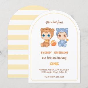 Invitación Bebés gemelos primera jumpsuit de gatos de cumplea