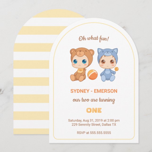 Invitación Bebés gemelos primera jumpsuit de gatos de cumplea (Anverso / Reverso)