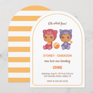Invitación Bebés gemelos primera jumpsuit de gatos de cumplea