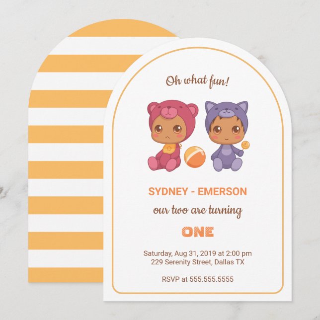 Invitación Bebés gemelos primera jumpsuit de gatos de cumplea (Anverso / Reverso)
