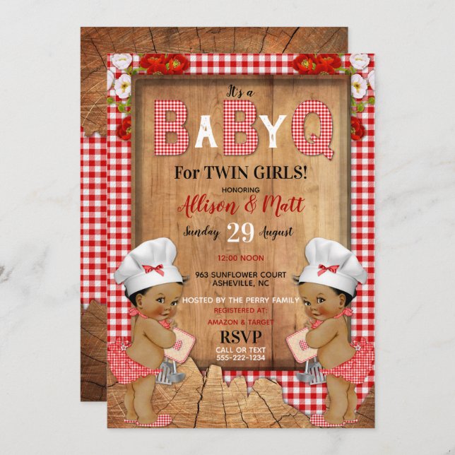 Invitación Bebés gemelos Red Gingham Wood Barbecue (Anverso / Reverso)