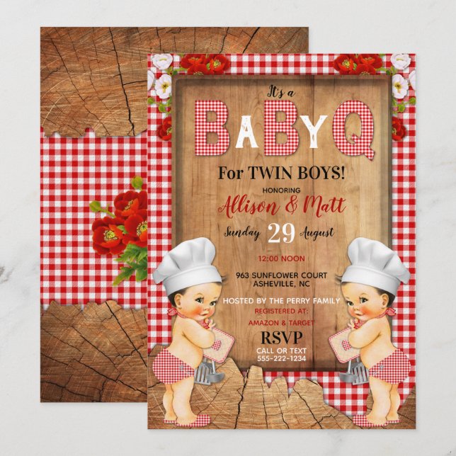 Invitación Bebés gemelos varones gingham rojo barra Q de barb (Anverso / Reverso)