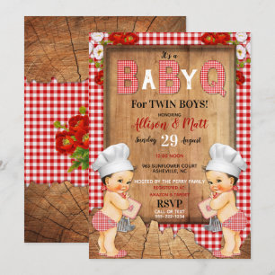 Invitación Bebés gemelos varones gingham rojo barra Q de barb