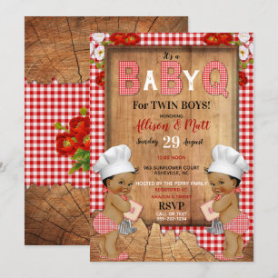Invitación Bebés gemelos varones gingham rojo madera Baby Q B