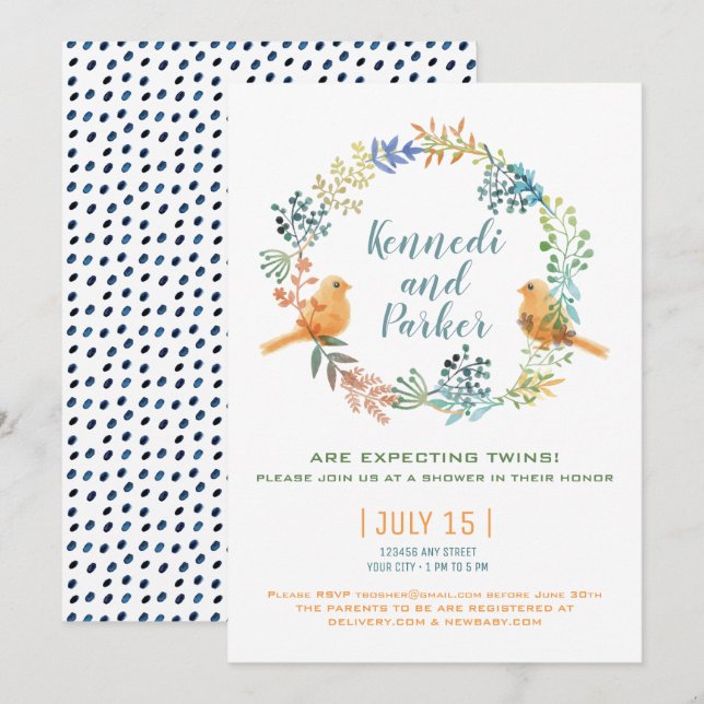 Invitación Bebés gemelos Y Flores Baby Shower (Anverso / Reverso)