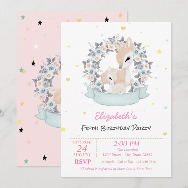 Invitación Bebés magnéticos Rosas Estrellas Cumpleaños (Anverso / Reverso)