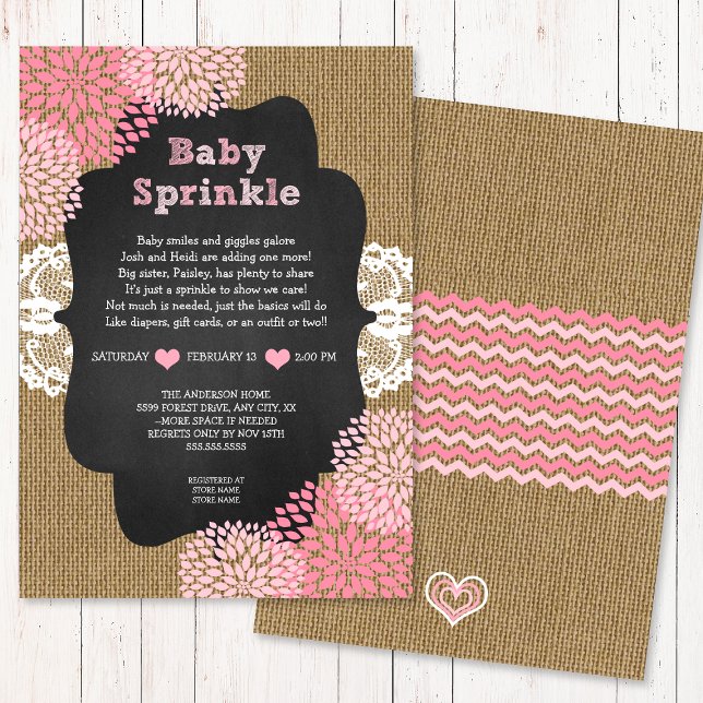 Invitación Bebés rosados rociar invitan a burlap pizarra RUST (Subido por el creador)