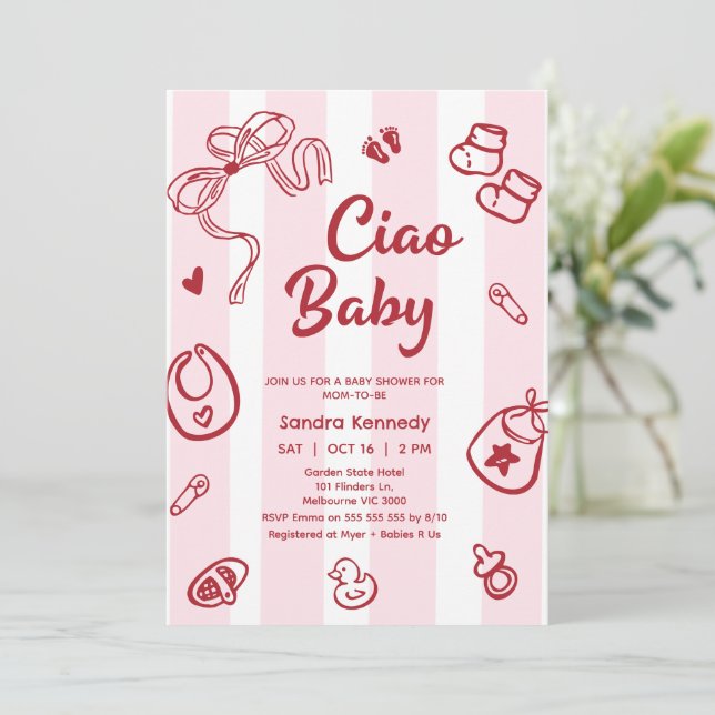 Invitación Bebés rosados rojos dibujados Ciao Baby Baby Showe (Anverso de pie)