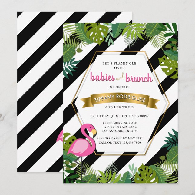 Invitación Bebés y flamenco Baby Shower de los gemelos del (Anverso / Reverso)