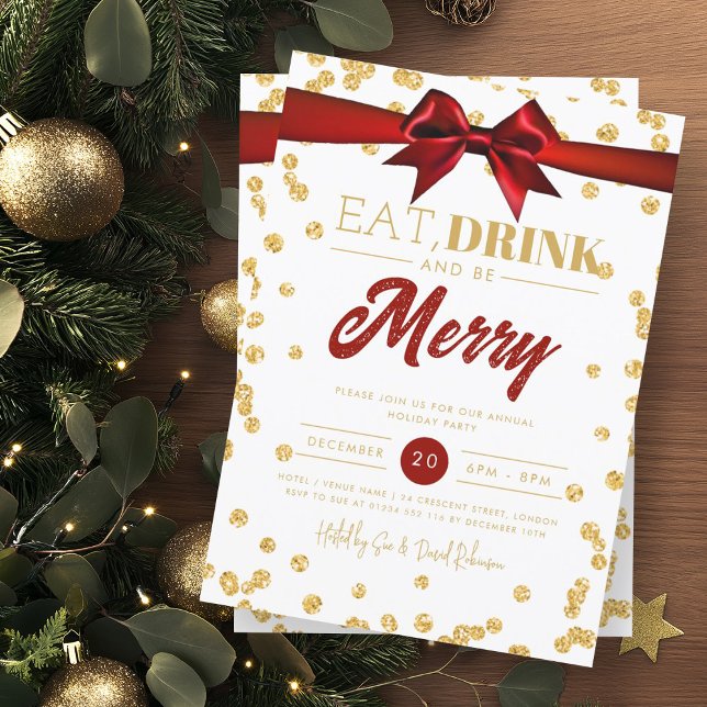 Invitación Bebida Bebida Be Merry Gold Purpurina Holiday Bow (Subido por el creador)