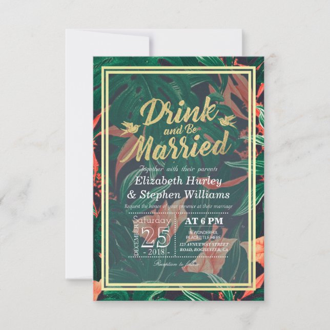 Invitación Bebida Boda moderna y casada con flores tropicales (Anverso)