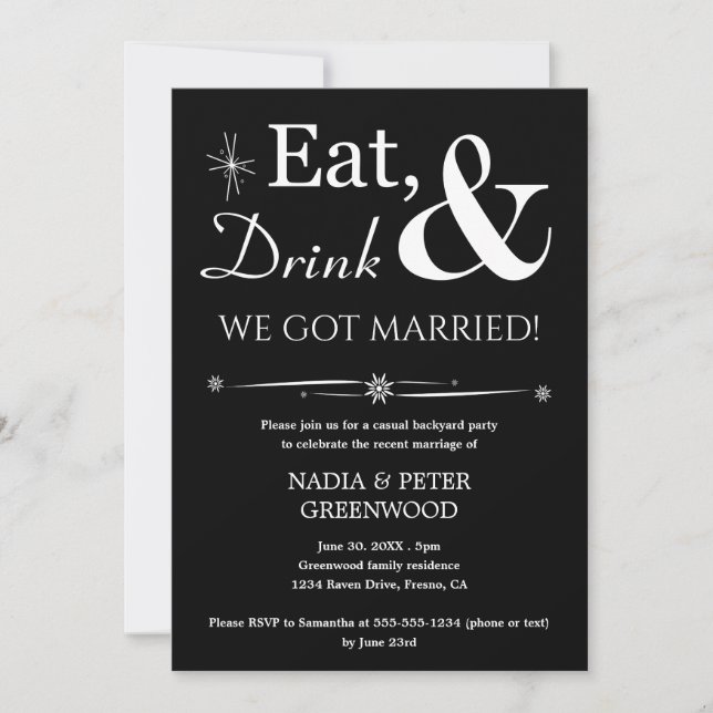 Invitación Bebida Comida Nos Casamos Con Fiesta De Elopement  (Anverso)