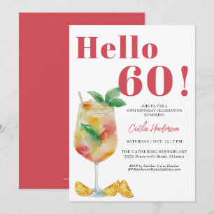 Invitación Bebida de Cóctel Rojo Fresa 60 cumpleaños