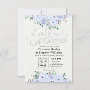 Invitación Bebida De Comer Se Casará Boda Floral Plata Script