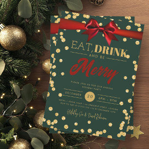 Invitación Bebida Dorada Purpurina Verde Festividad Navidad