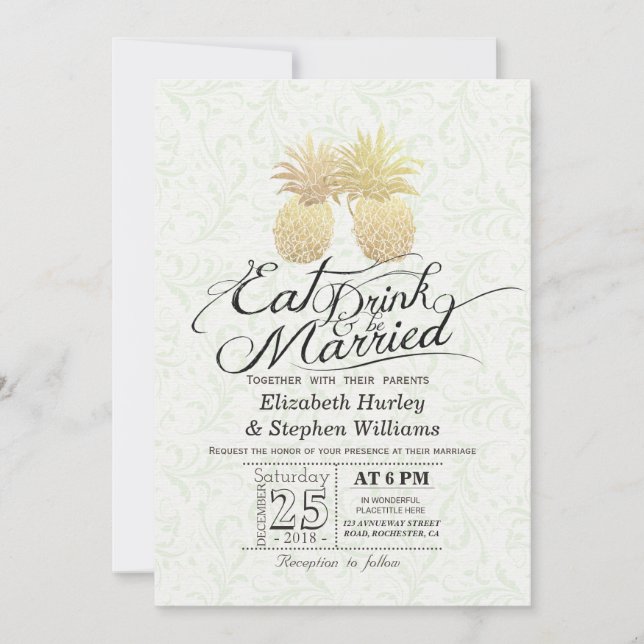 Invitación Bebida Estar casado Boda Dorada Piña Pareja (Anverso)